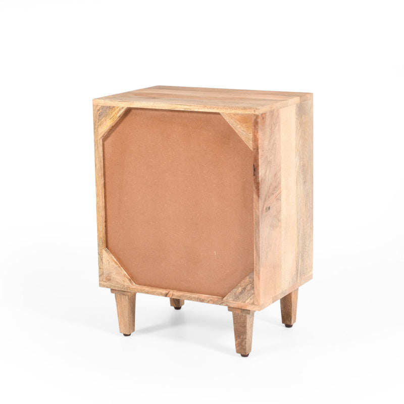 Natural solid wood nightstand with back panel and one drawer, end view.