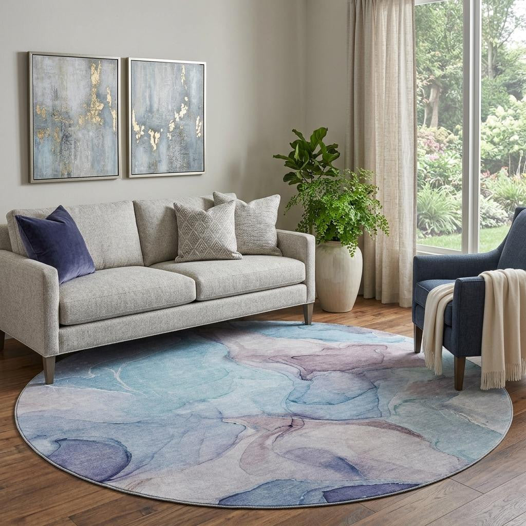 8' Navy Blue Purple And Gray Abstract Washable Round Rug With UV Protection - Home & Garden