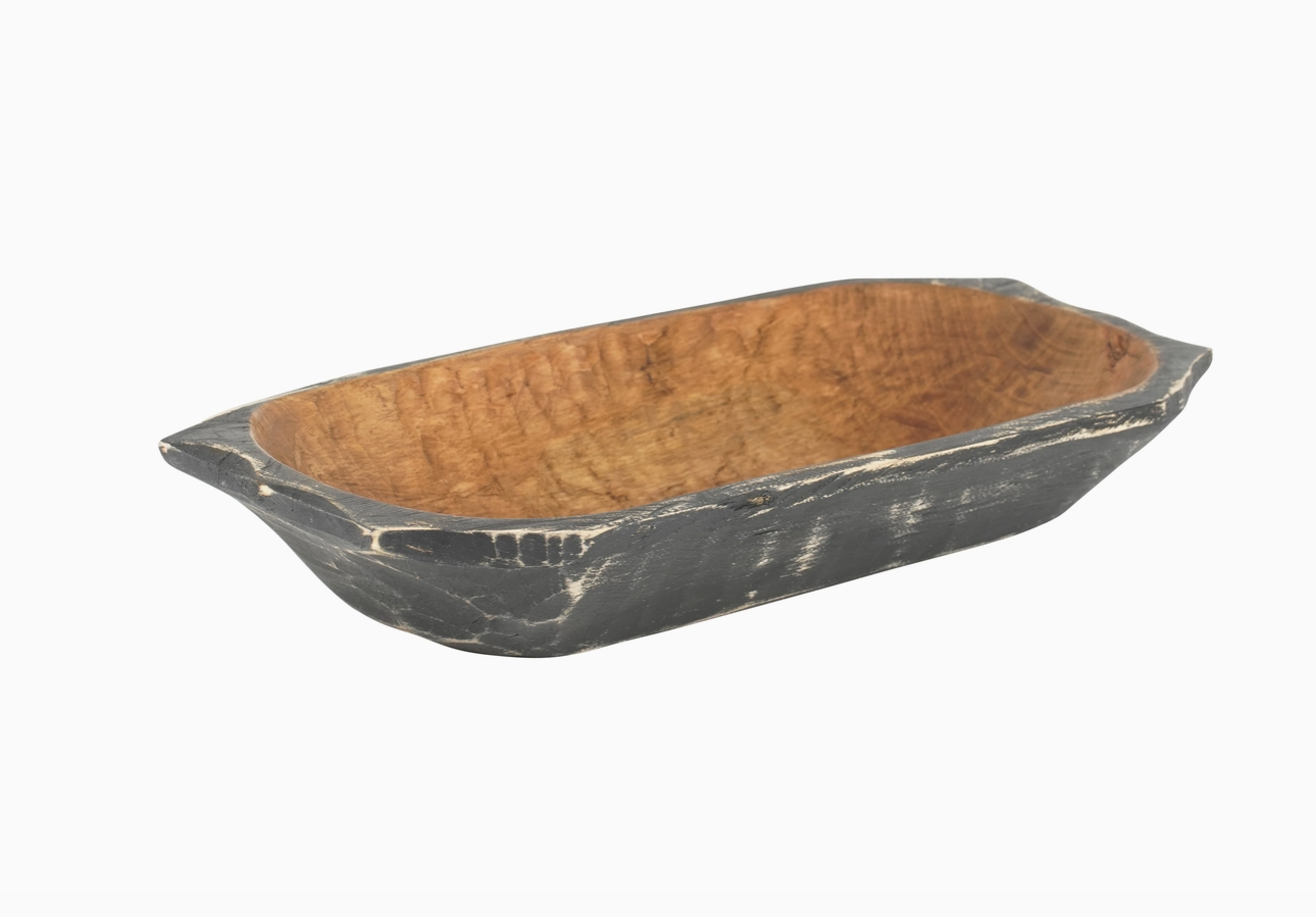 20" Black Solid Wood Dough Bowl With Handles - Kitchen & Dining