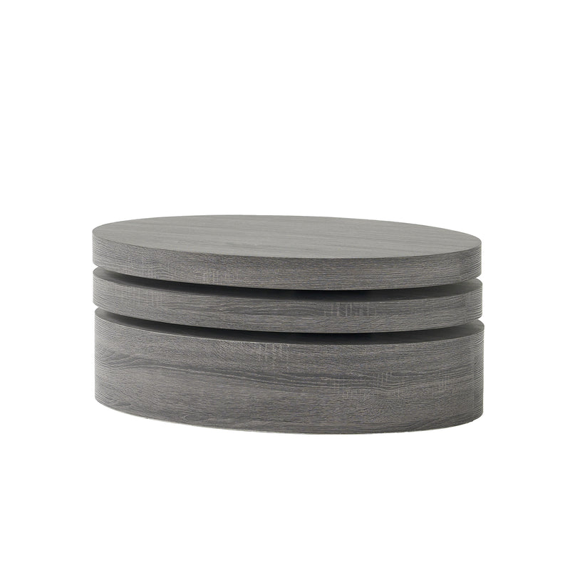 Round drum coffee table in dark gray wood finish with two stacked tiers.