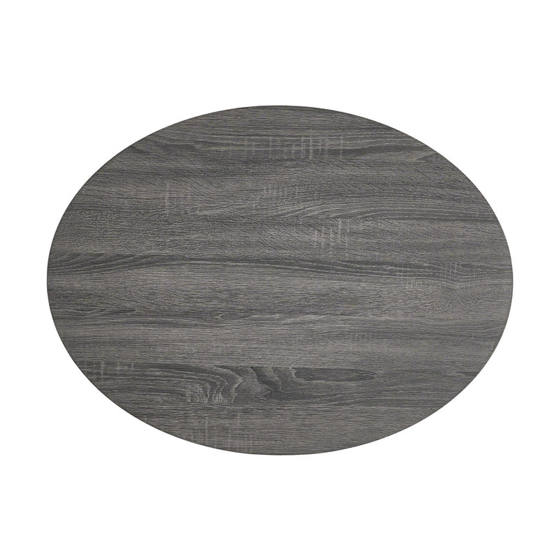 Round drum coffee table top in dark gray wood grain with visible patterns.