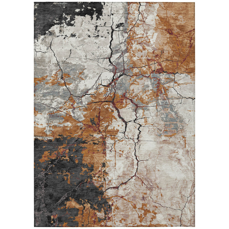Abstract area rug with off-white ground, gray crackle lines, and copper-orange sections.