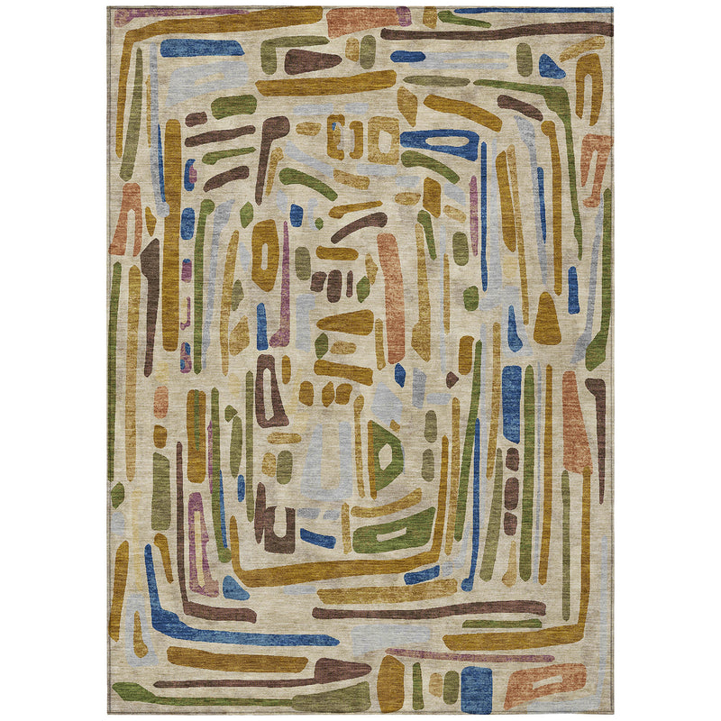 Beige and copper abstract area rug with multicolor square spiral pattern and border