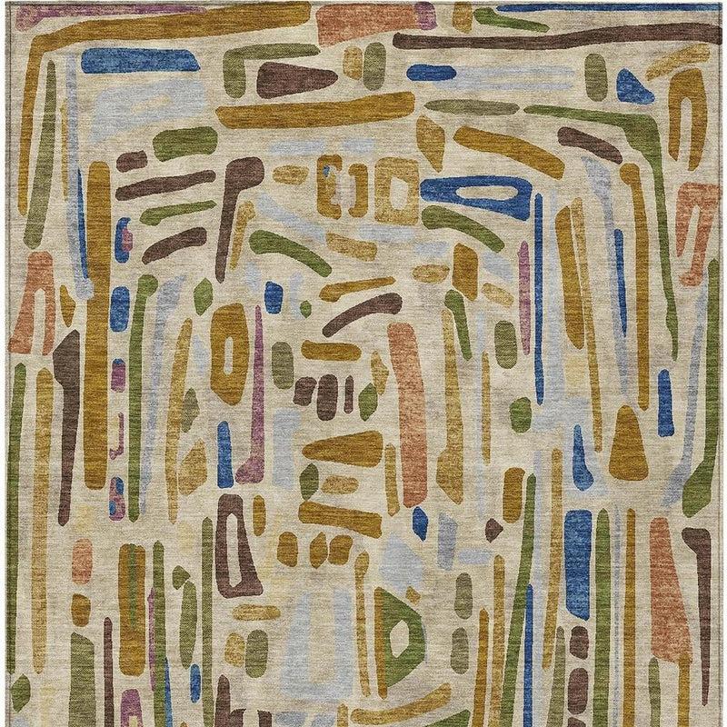 Beige and copper abstract area rug top view with multicolor nested square motif