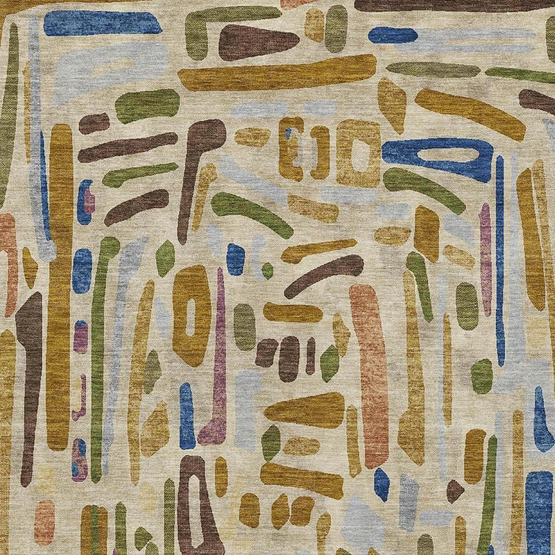 Beige and copper abstract area rug close-up with multicolor overlapping stripe details