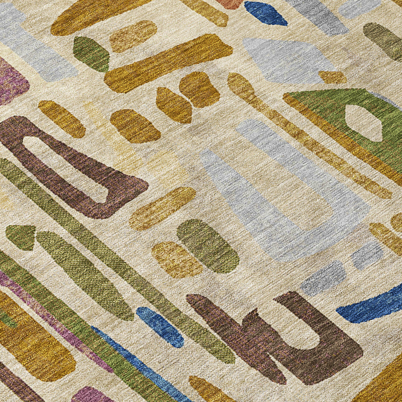 Beige and copper abstract area rug close-up with repeating brushstroke block pattern