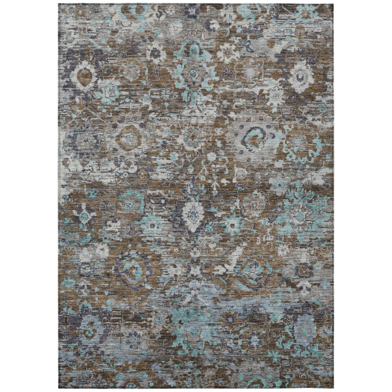 Rectangular area rug with distressed vintage floral medallion pattern in gray and teal blue