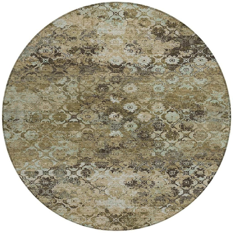 Round area rug with muted abstract geometric medallion pattern in khaki and olive