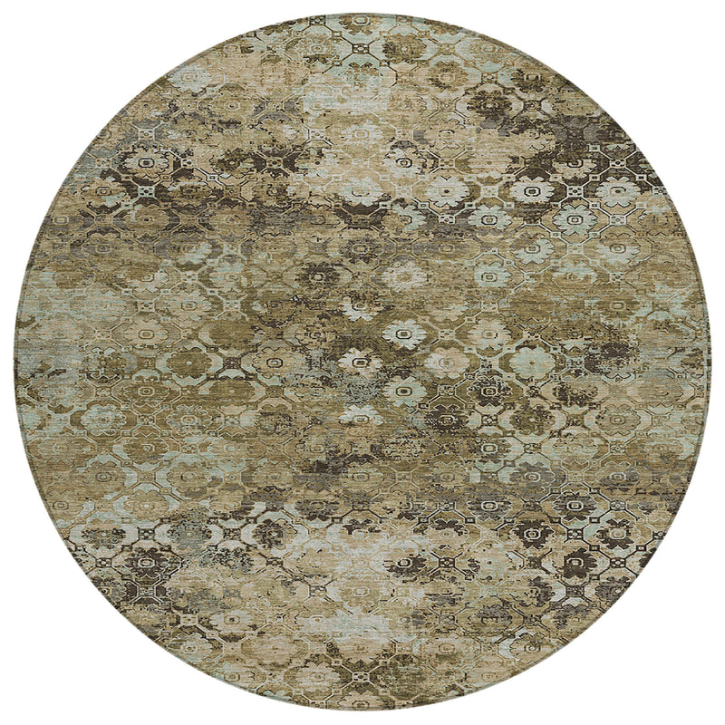 Round area rug with patchwork-style abstract pattern in khaki and olive with dark accents