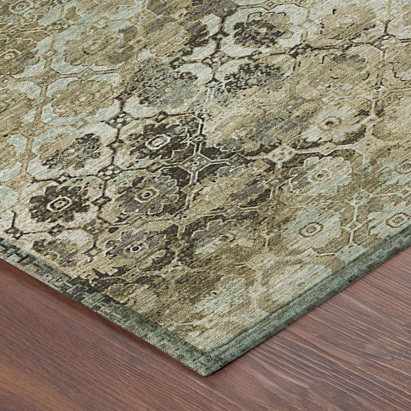 Round area rug corner with muted abstract geometric pattern in khaki and olive tones