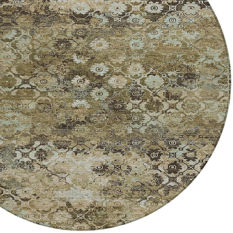 Round area rug with distressed abstract medallion pattern in khaki, olive, and charcoal