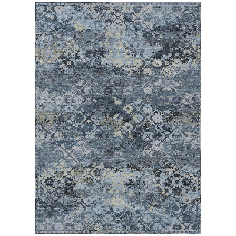 Blue abstract wash area rug with distressed geometric motifs, flat front view
