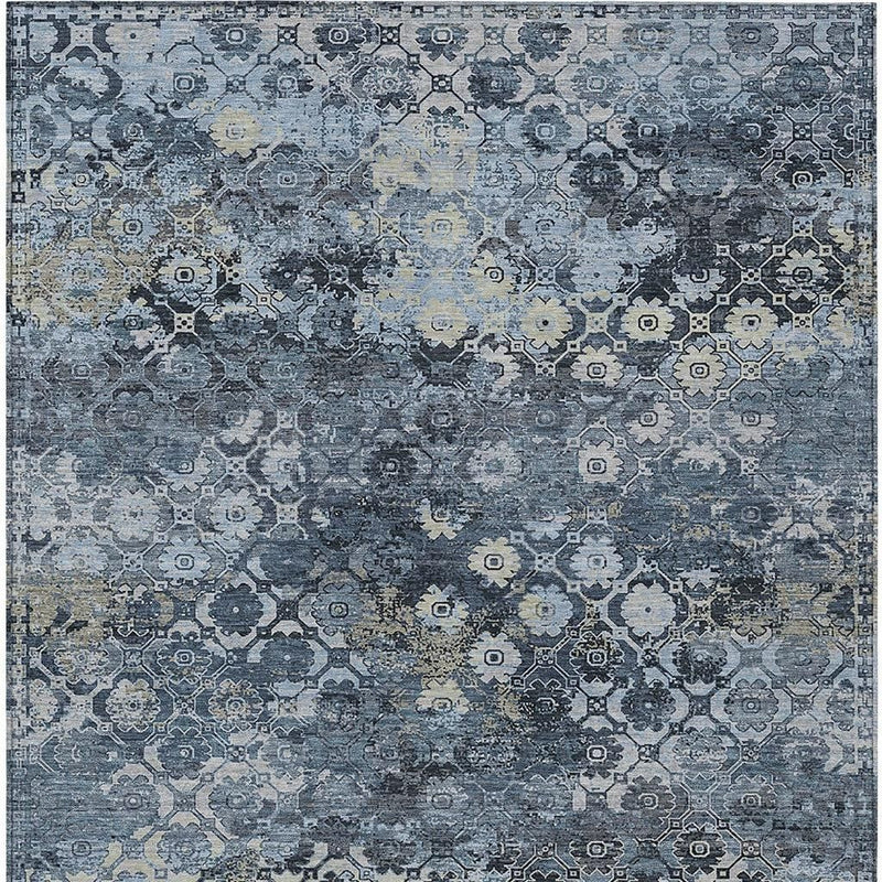 Blue abstract wash area rug with repeating geometric pattern, full view