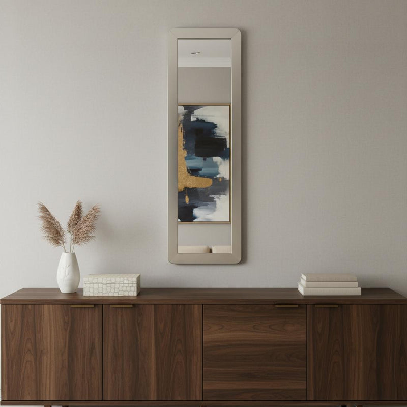 Full-length silver wall mirror with reflective glass and slim metal frame, vertical