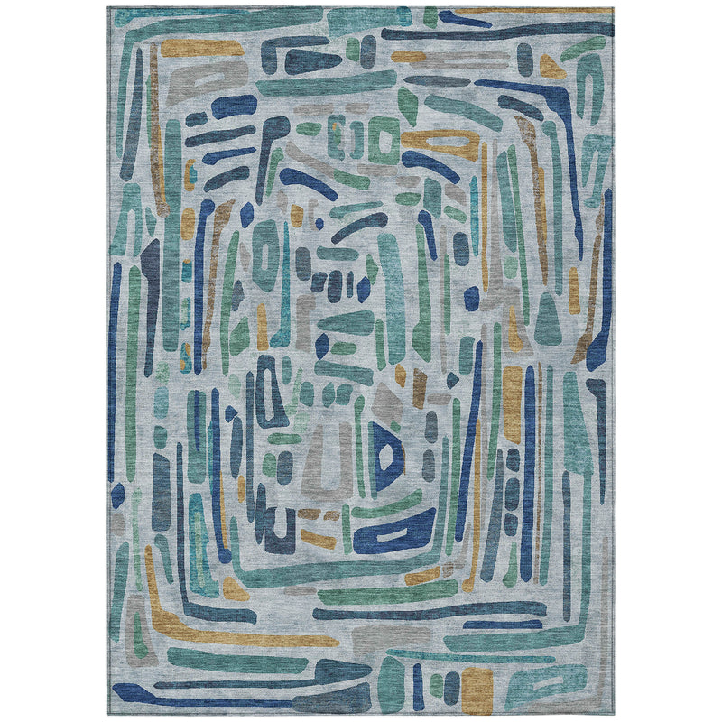 Abstract area rug with teal, aqua, blue, and green geometric drip border
