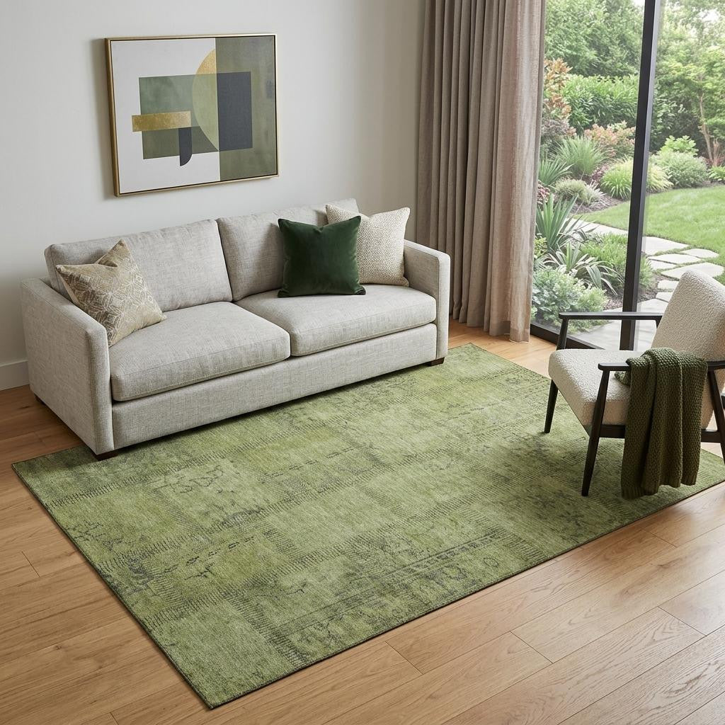 5' X 8' Fern Green And Gray Patchwork Washable Area Rug With UV Protection - Home & Garden