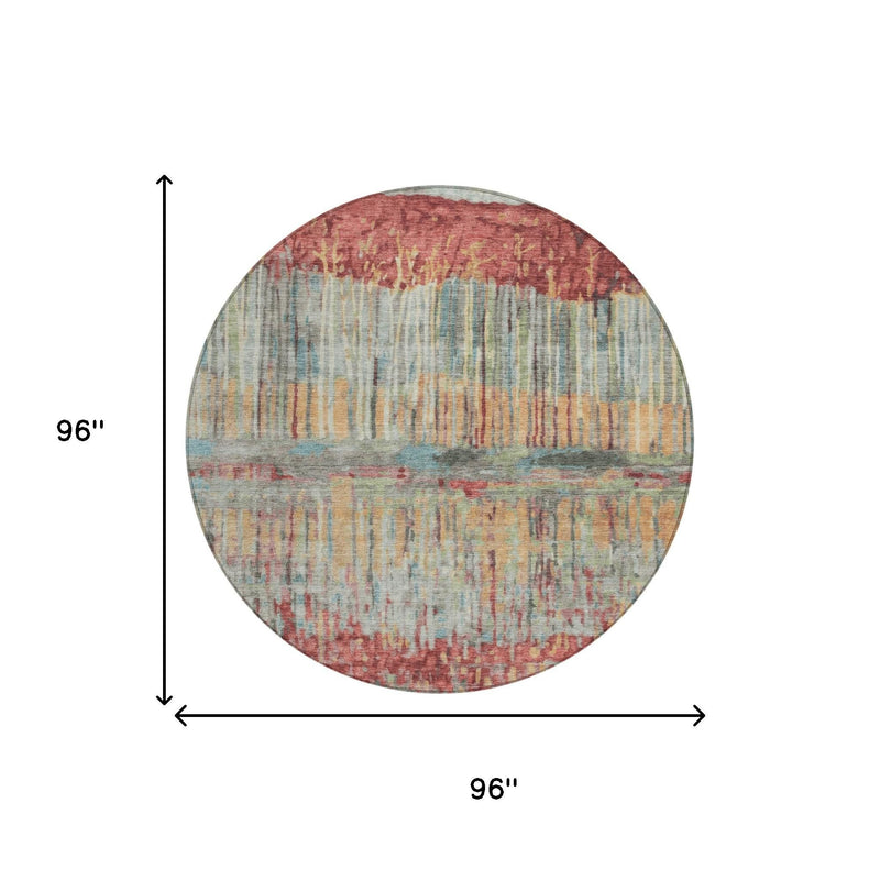 Round abstract area rug, 96 in diameter, coral and sage washed stripe pattern.