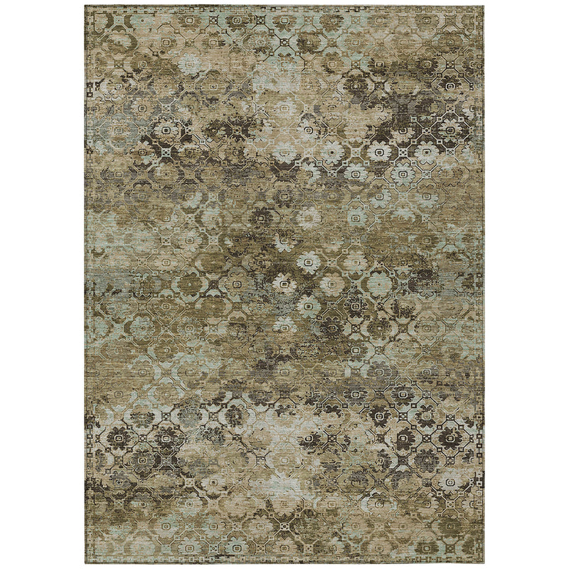 5x8 ft abstract area rug in khaki, olive, and teal geometric medallions.