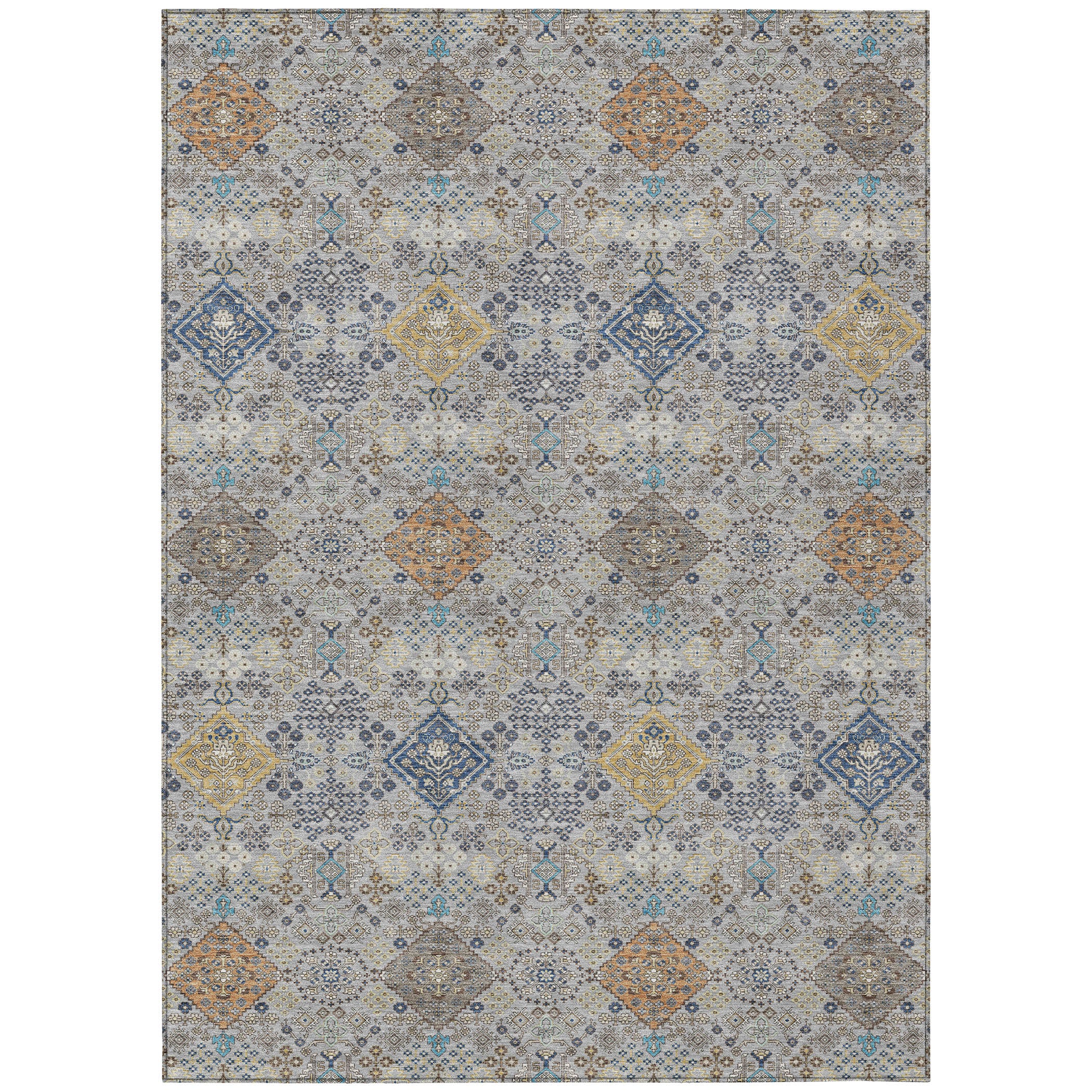 10' X 14' Silver And Navy Blue Oriental Washable Indoor Outdoor Area Rug - Sports & Outdoor