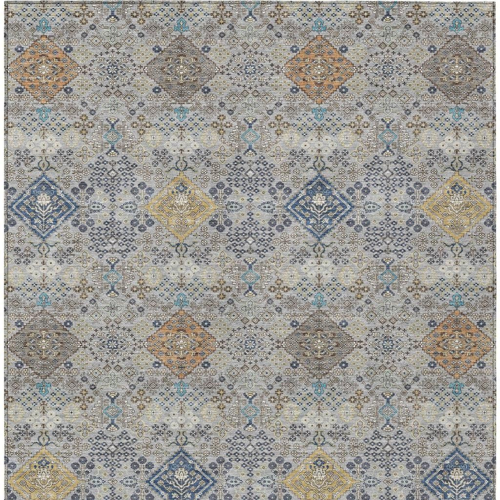 10' X 14' Silver And Navy Blue Oriental Washable Indoor Outdoor Area Rug - Sports & Outdoor