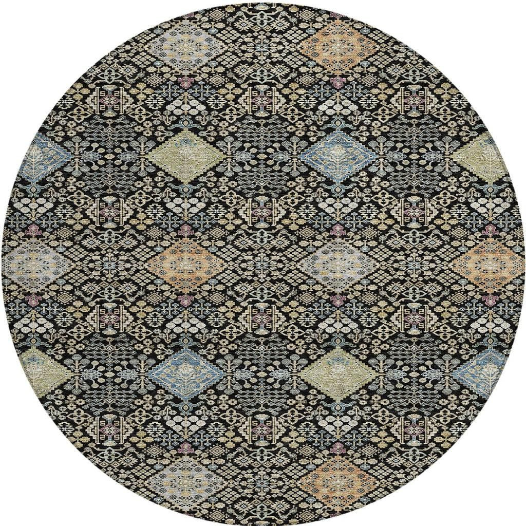 8' Black And Copper Round Oriental Washable Indoor Outdoor Area Rug - Sports & Outdoor