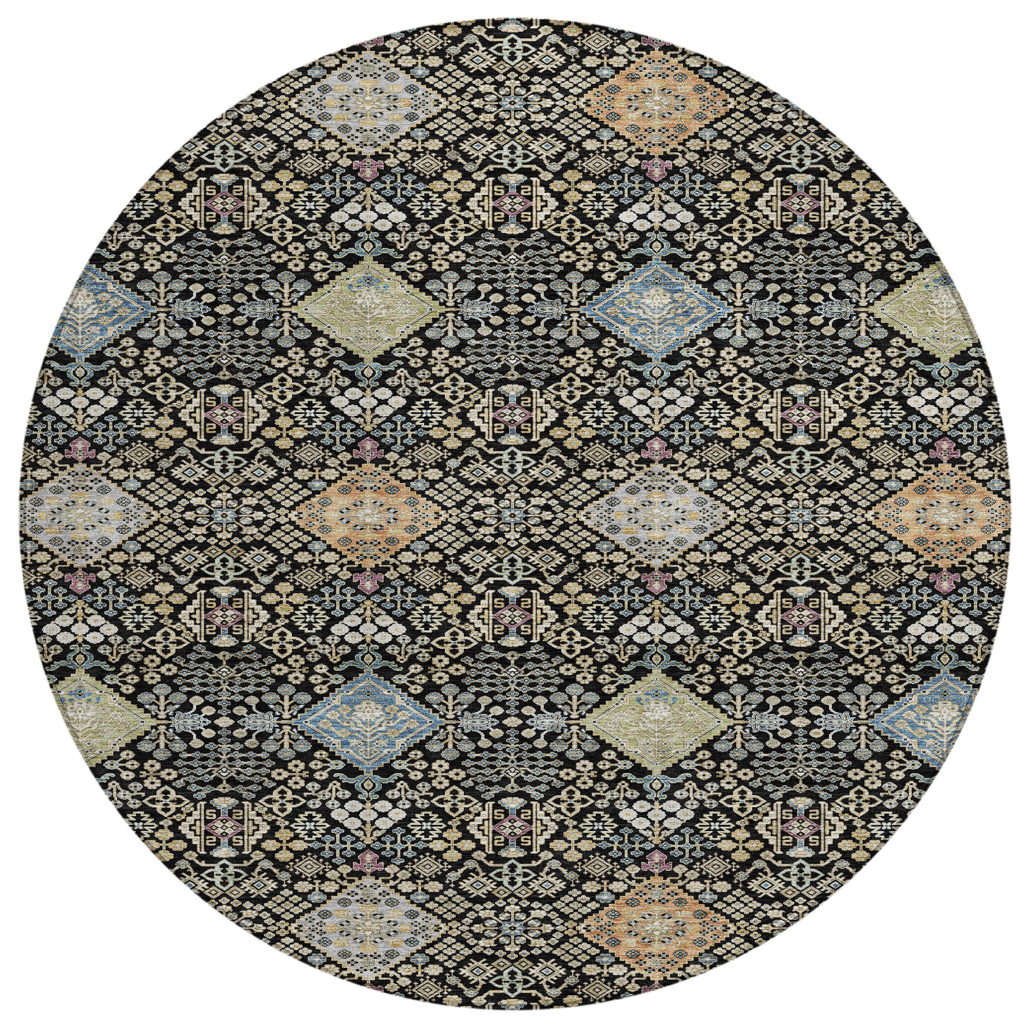 8' Black And Copper Round Oriental Washable Indoor Outdoor Area Rug - Sports & Outdoor