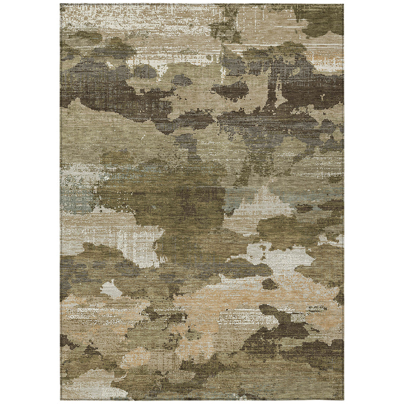 Khaki and beige abstract area rug with mottled distressed pattern.