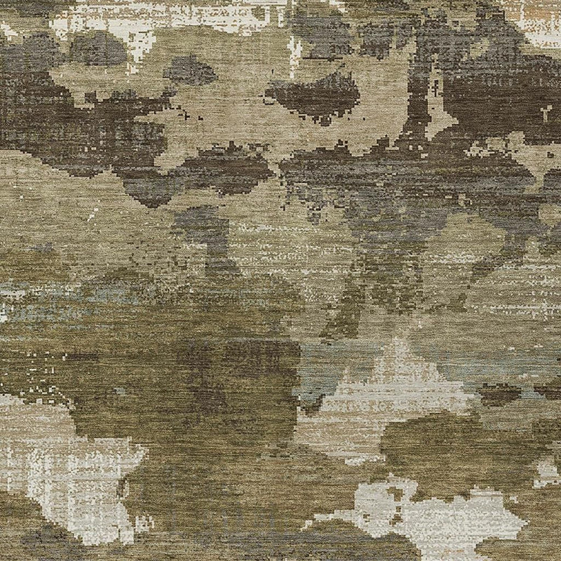 Abstract area rug with olive and beige mottled pattern in a textured weave