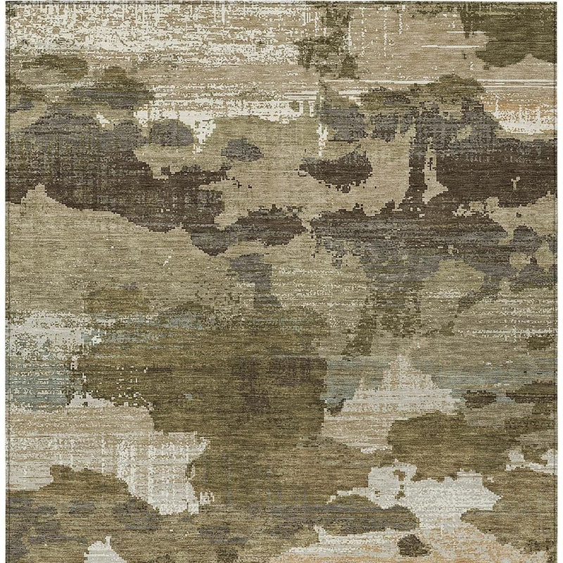Abstract area rug with olive, khaki, and beige mottled blocks in distressed weave