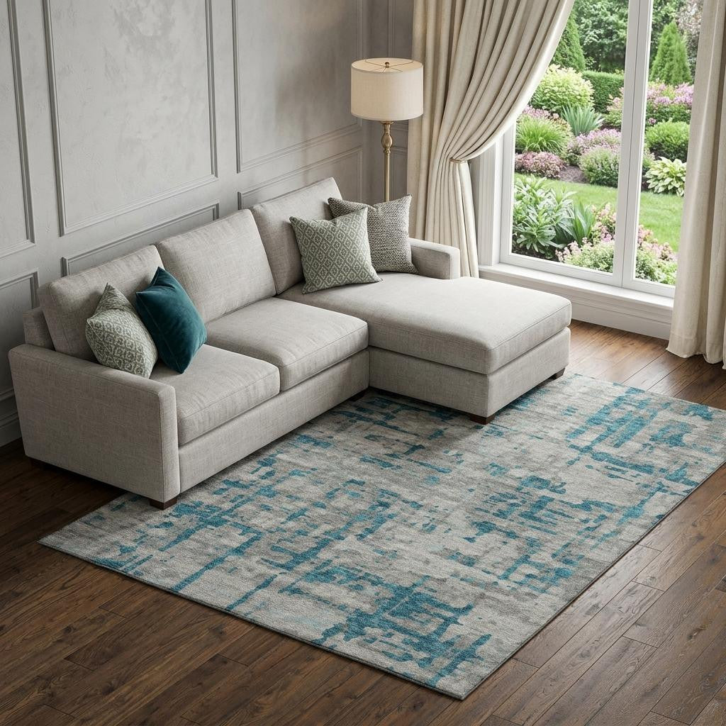 10' X 14' Persian Blue And Gray Abstract Distressed Washable Area Rug With UV Protection - Home & Garden