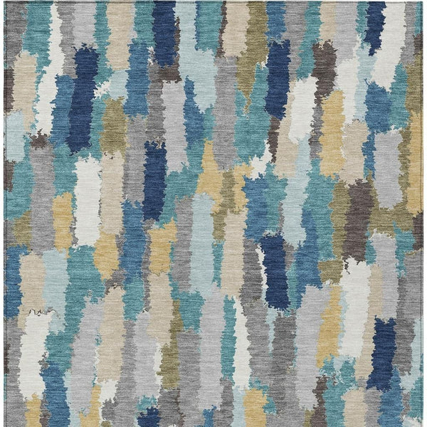 Teal, navy, and cream striped area rug with distressed vertical pattern