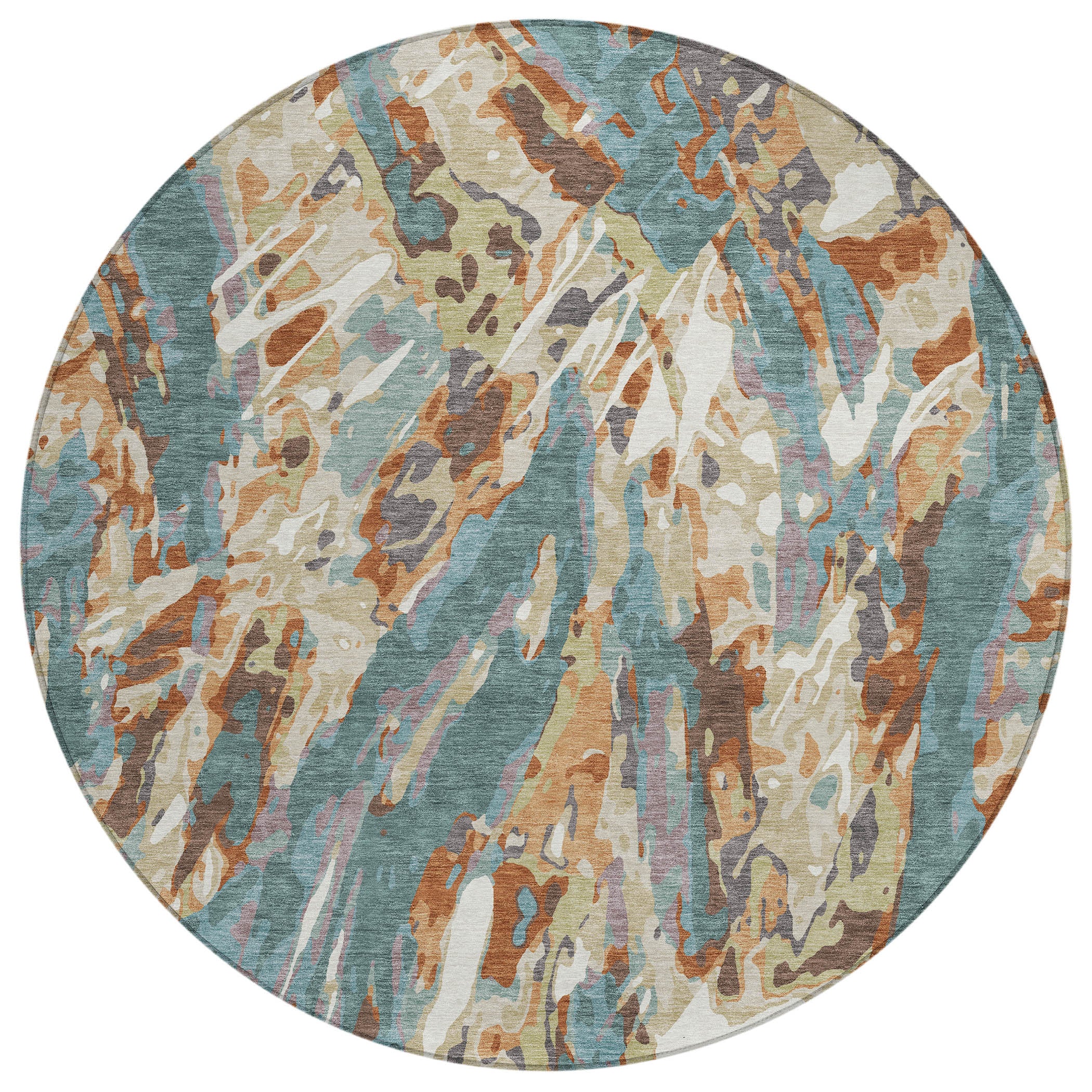 8' Teal Blue And Gray Round Abstract Washable Indoor Outdoor Area Rug - Sports & Outdoor