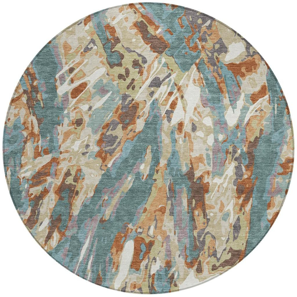8' Teal Blue And Gray Round Abstract Washable Indoor Outdoor Area Rug - Sports & Outdoor