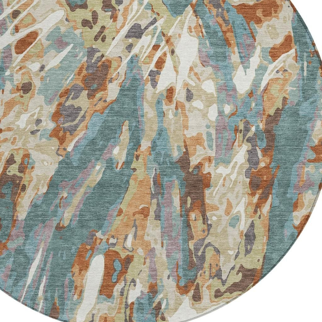 8' Teal Blue And Gray Round Abstract Washable Indoor Outdoor Area Rug - Sports & Outdoor