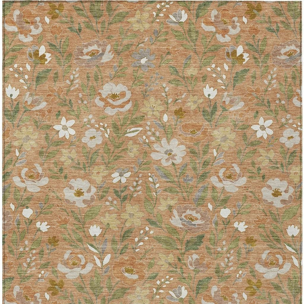 5' X 8' Copper And Green Floral Washable Indoor Outdoor Area Rug - Sports & Outdoor