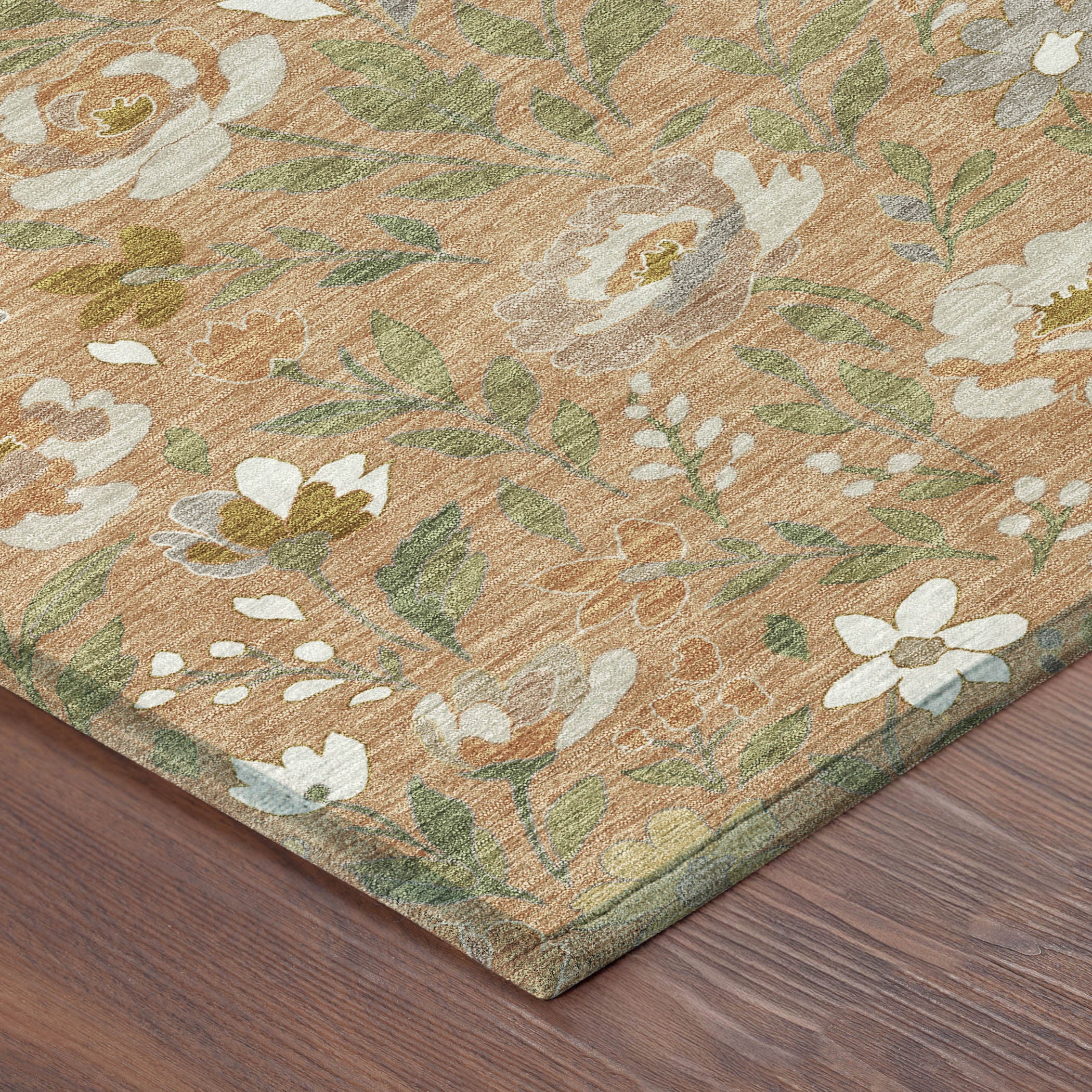 5' X 8' Copper And Green Floral Washable Indoor Outdoor Area Rug - Sports & Outdoor