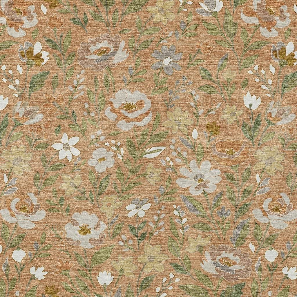 5' X 8' Copper And Green Floral Washable Indoor Outdoor Area Rug - Sports & Outdoor