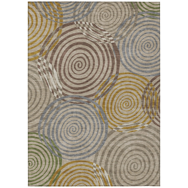 Rectangular geometric swirl area rug with beige base and multicolor circles