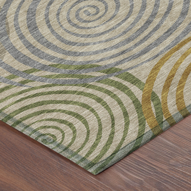 Corner view of geometric swirl area rug with multicolor rings on beige base