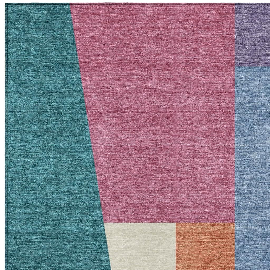 3' X 5' Teal Blue And Blush Geometric Washable Indoor Outdoor Area Rug - Sports & Outdoor
