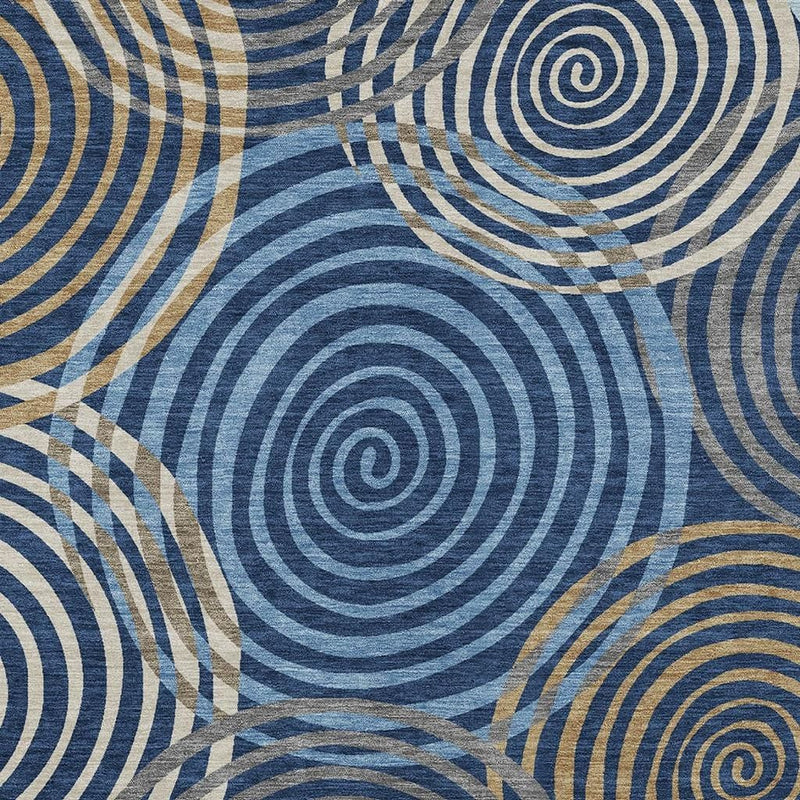 Geometric area rug close-up of overlapping navy spiral circle motifs
