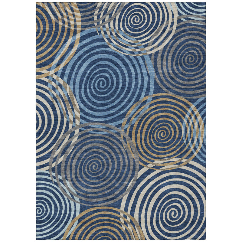 Rectangular geometric area rug with navy and beige spiral circle geometric pattern