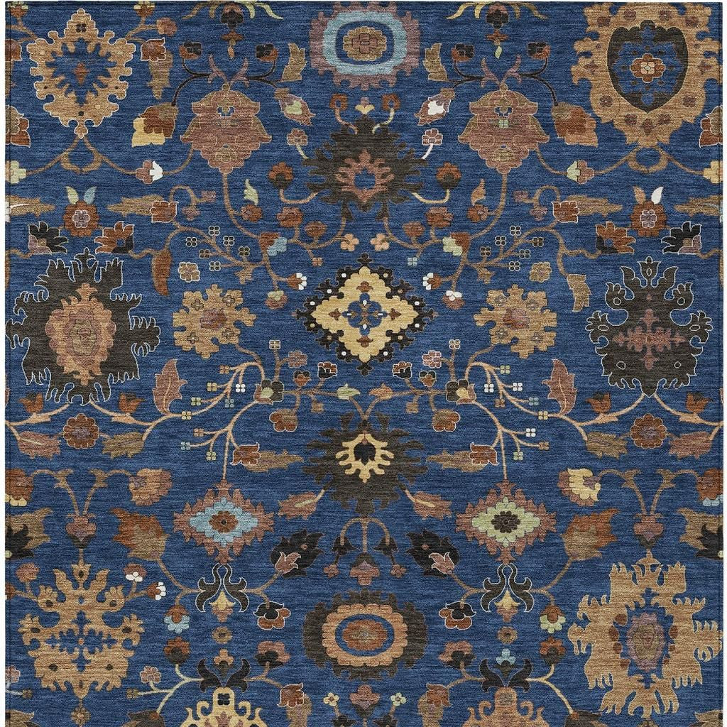 3' X 5' Navy Blue And Copper Floral Medallion Washable Indoor Outdoor Area Rug - Sports & Outdoor