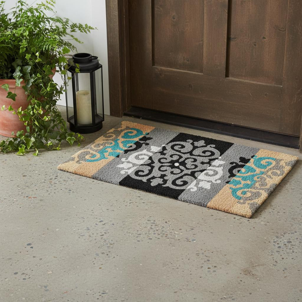18" X 30" Beige and White Coir Damask Outdoor Door Mat - Home & Garden