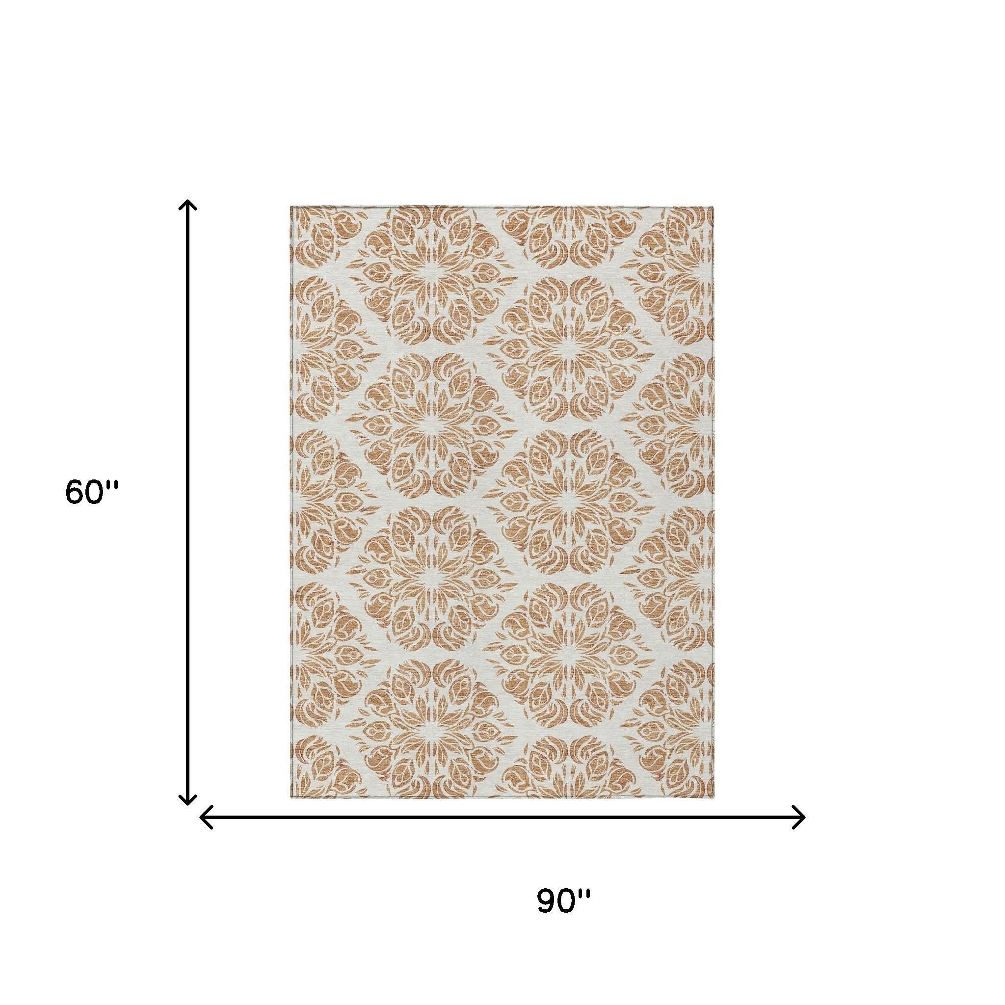 5' X 8' Copper And Ivory Damask Washable Indoor Outdoor Area Rug - Sports & Outdoor