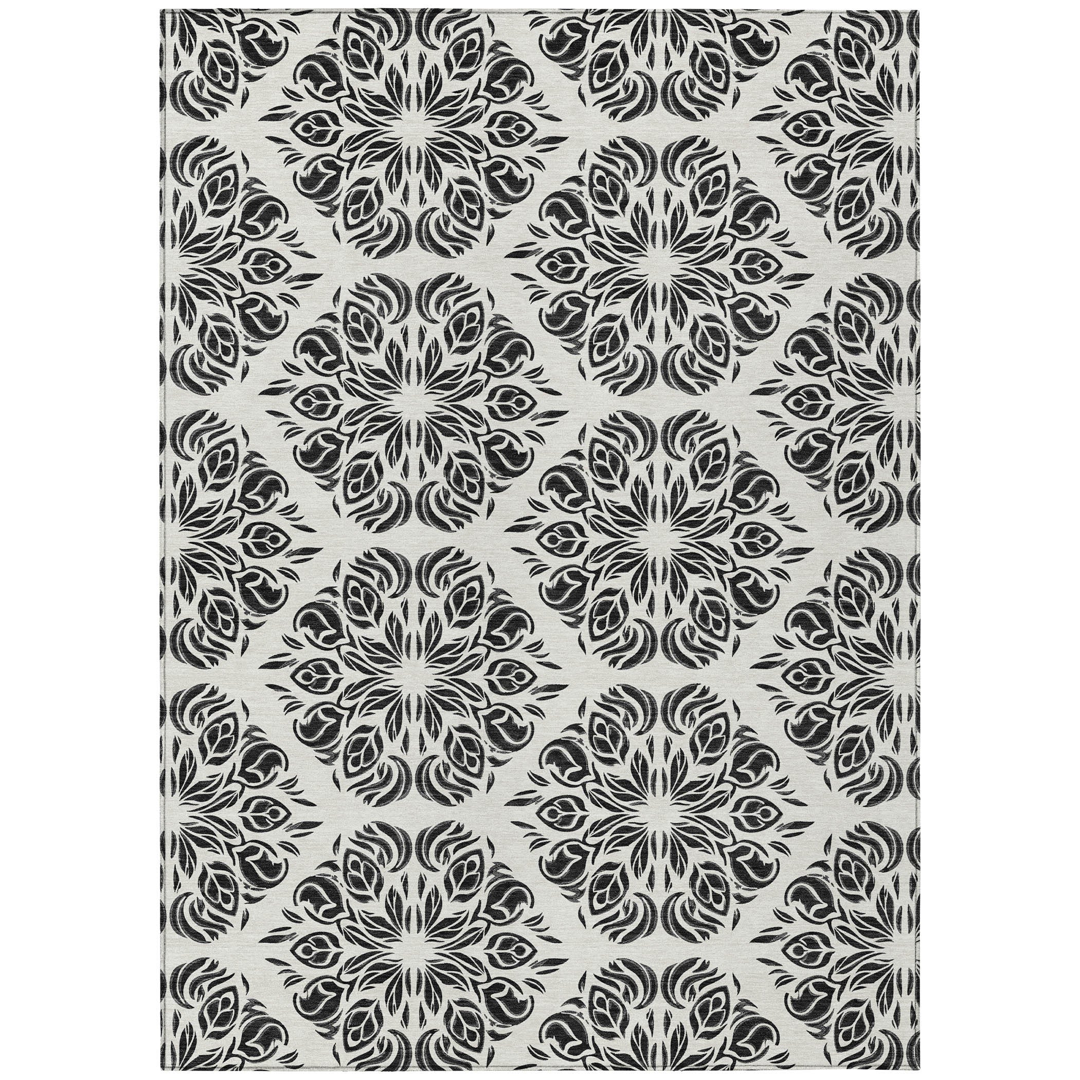 10' X 14' Ivory And Black Damask Washable Indoor Outdoor Area Rug - Sports & Outdoor