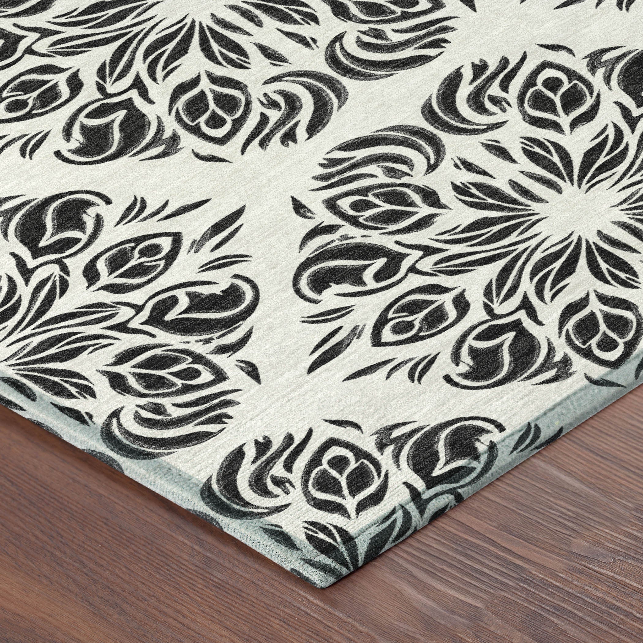 10' X 14' Ivory And Black Damask Washable Indoor Outdoor Area Rug - Sports & Outdoor
