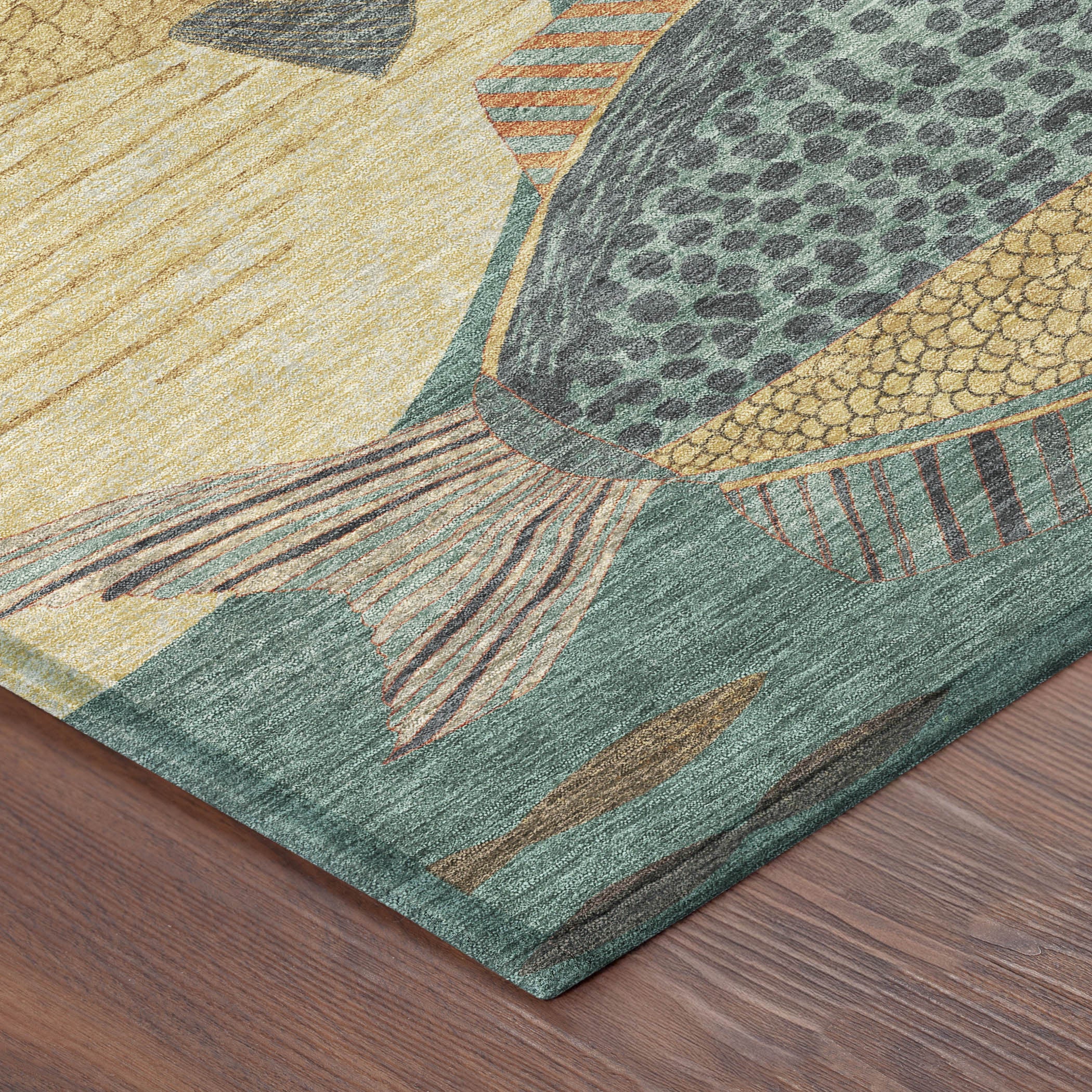 5' X 8' Teal Blue And Gold Tropical Fish Washable Indoor Outdoor Area Rug - Sports & Outdoor