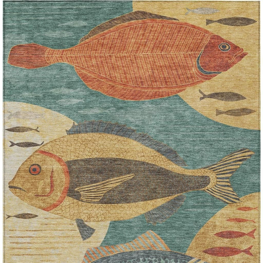 5' X 8' Teal Blue And Gold Tropical Fish Washable Indoor Outdoor Area Rug - Sports & Outdoor