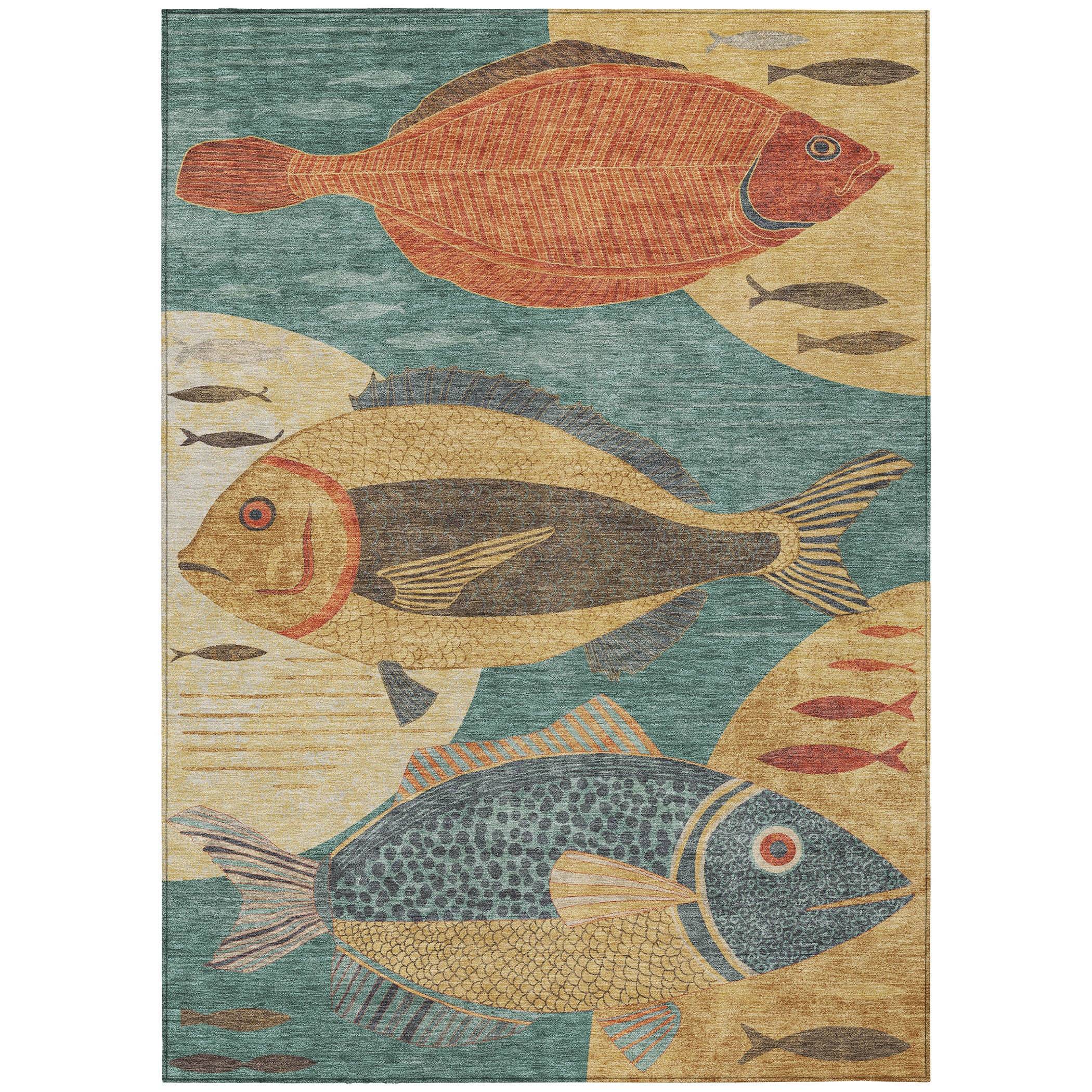 5' X 8' Teal Blue And Gold Tropical Fish Washable Indoor Outdoor Area Rug - Sports & Outdoor